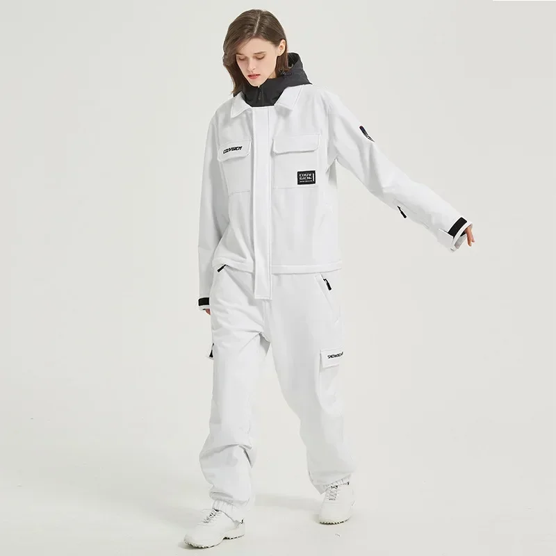 2025 Outdoor Mountain Man Snowboard Overall Winter Kapuze einteilige Frauen Schnee anzüge wasserdichte männliche Ski kostüme Kleidung