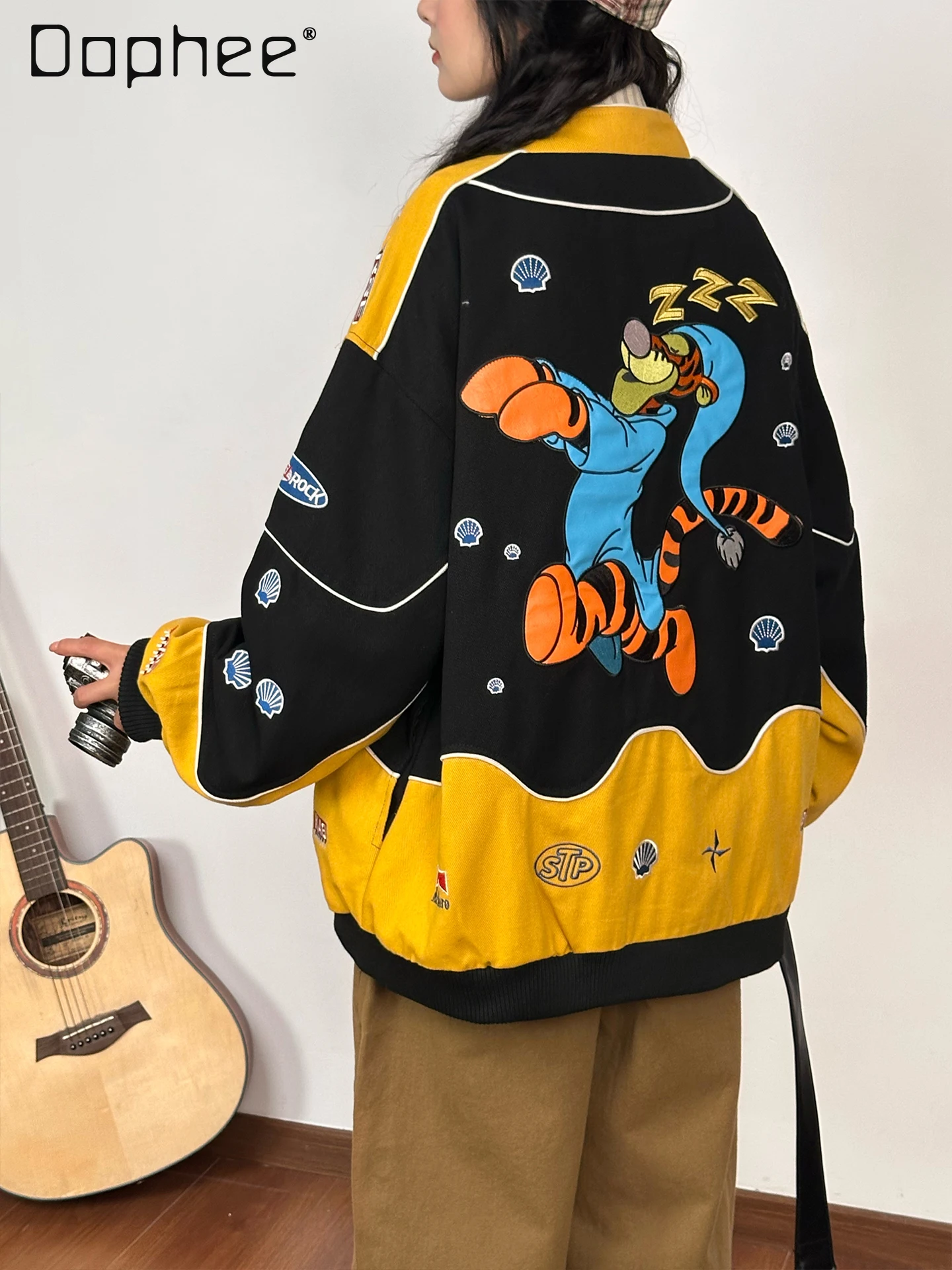 

American Retro Cartoon Embroidery Patchwork Baseball Jacket for Women 2025 Autumn New Trendy Loose Motorcycle Jacket Coat