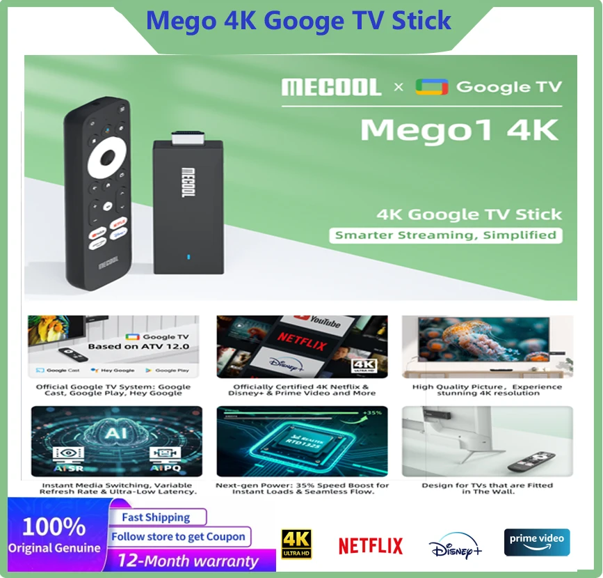 2025 MECOOL Mego 4K TV Stick مع مشغل تبخير Netflix 4K AI SR/PQ 2+8G RTD 1325 HDR10+ WiFi 2.4G/5G BT5.0