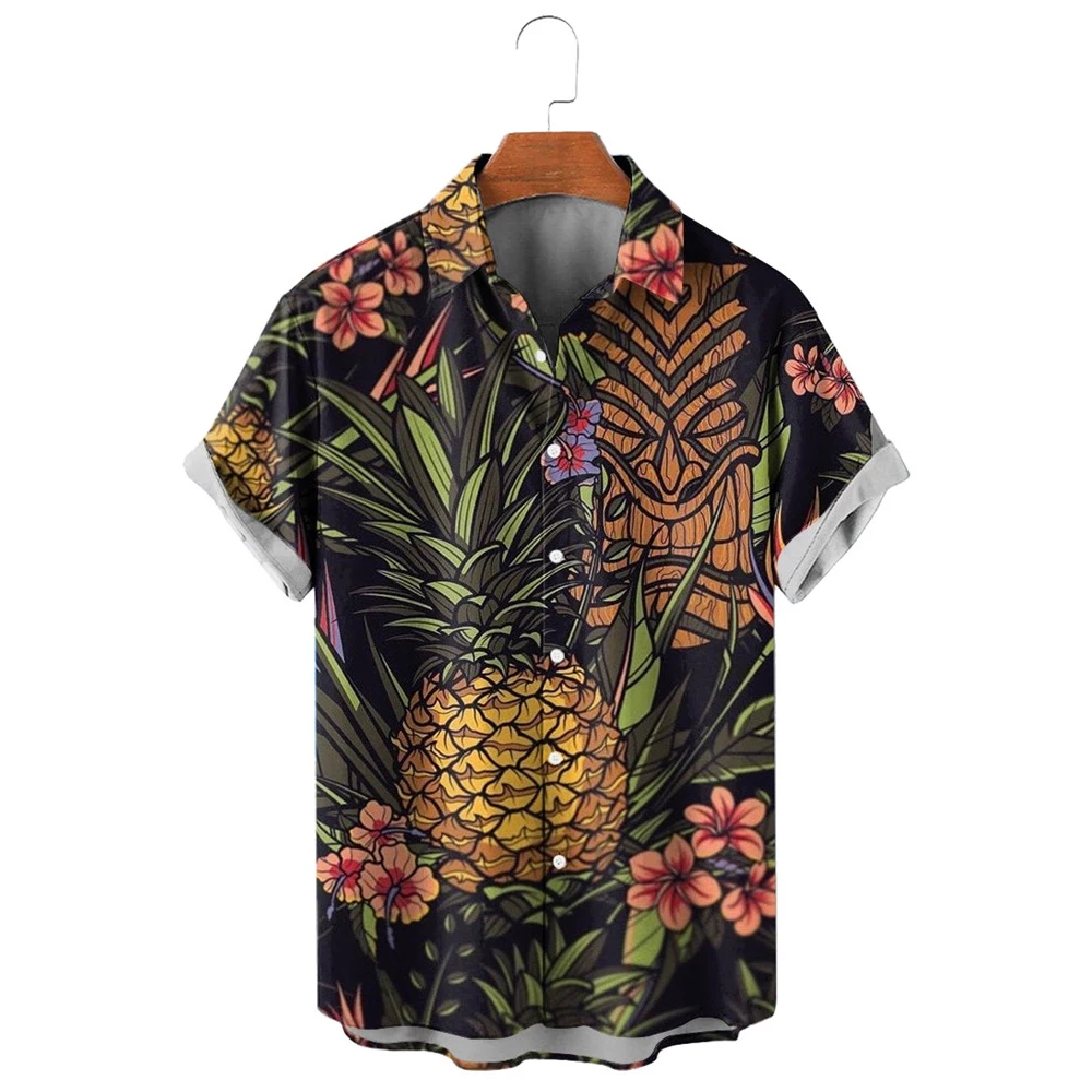 HXFashion Men Shirts Hawaiian  Mask Pineapple Short Sleeve Shirt Polynesia Graphic Beach Tops Ropa Hombre Men Clothing