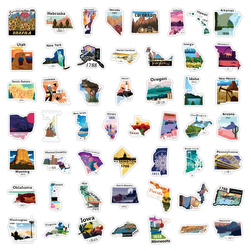 50 Cartoon USA Map Stickers - Geographic American Graffiti, Unique Decor for Journals, Desktops & Phone Cases, Waterproof Decals