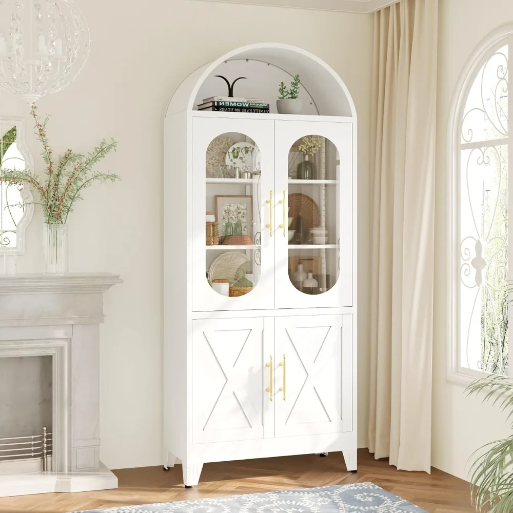 

73" Tall Arched Kitchen Pantry Cabinet, Modern Metal Farmhouse Storage Cabinets, Steel Cabinet with Glass Doors and Adjustable S