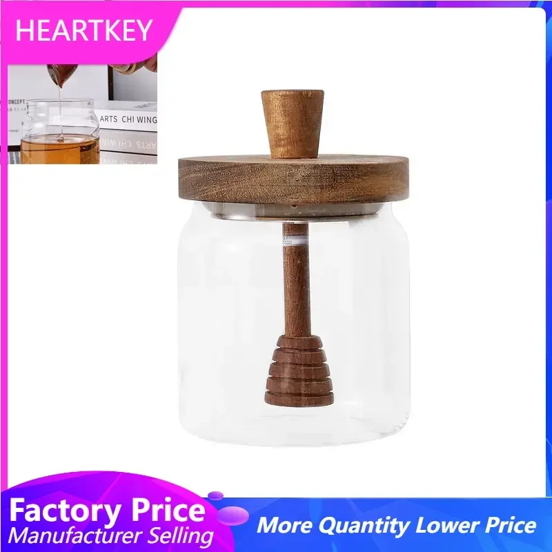 Honey Storage Jar with Wooden Lid, Glass Honey Dispenser Pot Built-in Stirrer for Storing Jam, Kitchen Food Storage Container