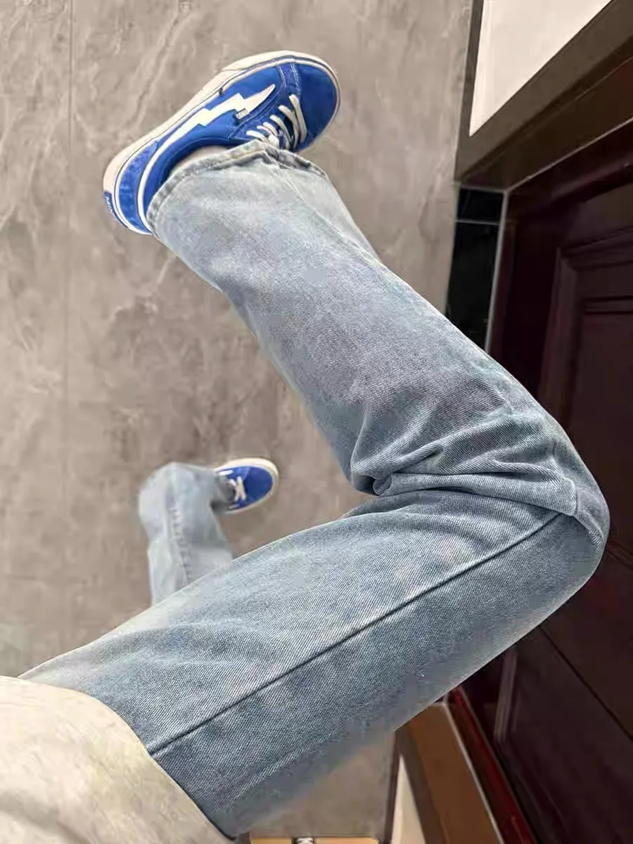 

Light Blue Washed Knife Jeans Women's Small Size American High Street Vibe Thin Slim Straight Leg Micro Flared Pants