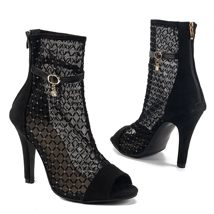 Mesh Summer Openwork Rhinestone Jazz Dance High Heel Peep Toe Sandals Large Size