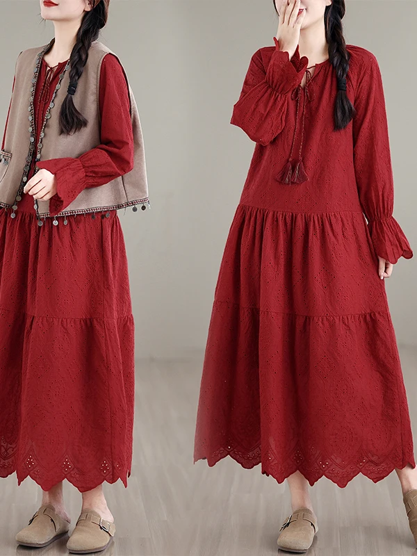 Reine Farbe bestickt Urlaub Dr. Große Größe Damen Herbst Winter Langer schlankmachender Bauch bedeckender langer Sve A-Linien-Rock