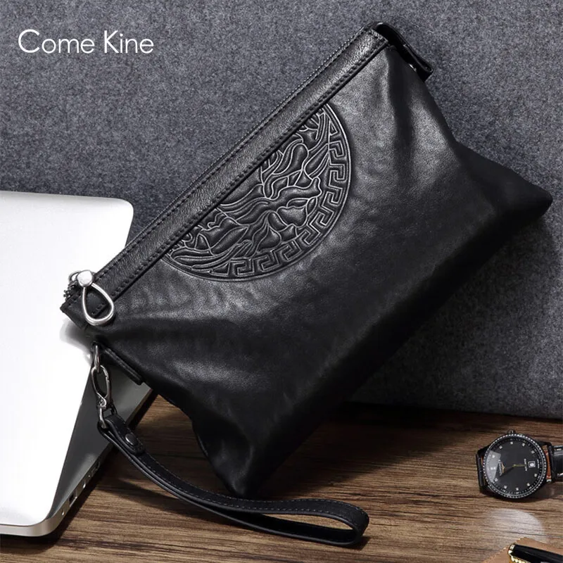 ComeKine Handbag Men\'s Cowhide 2023 New Fashion Envelope Handgrip Bag Soft Leather Large Capacity Handbag Business Black Handbag