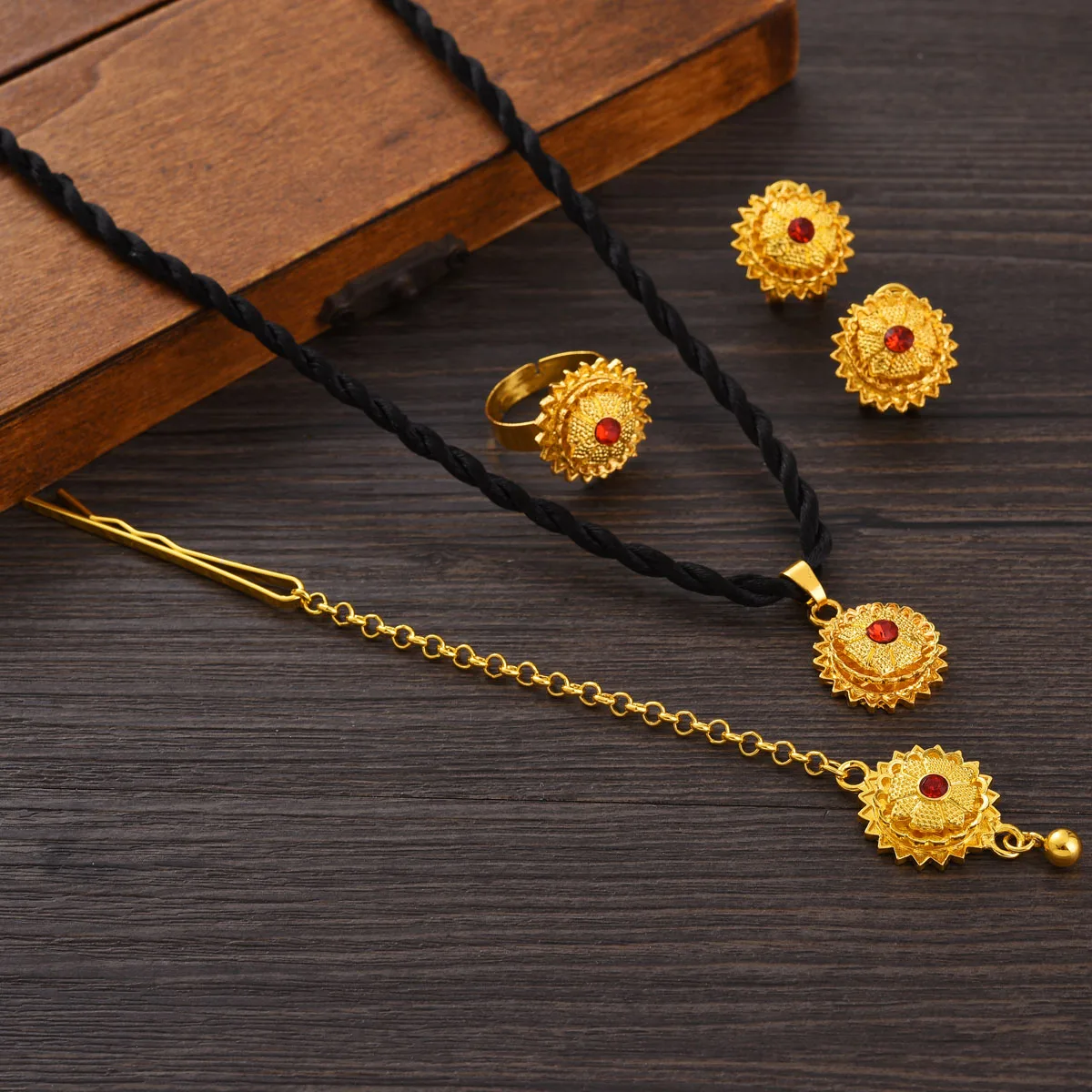 Golden Color Ethiopian Jewelry set Pendant Earrings Ring Head Chain 4-Piece Sets African Eritrean Wedding Engagement Gift #TZ094