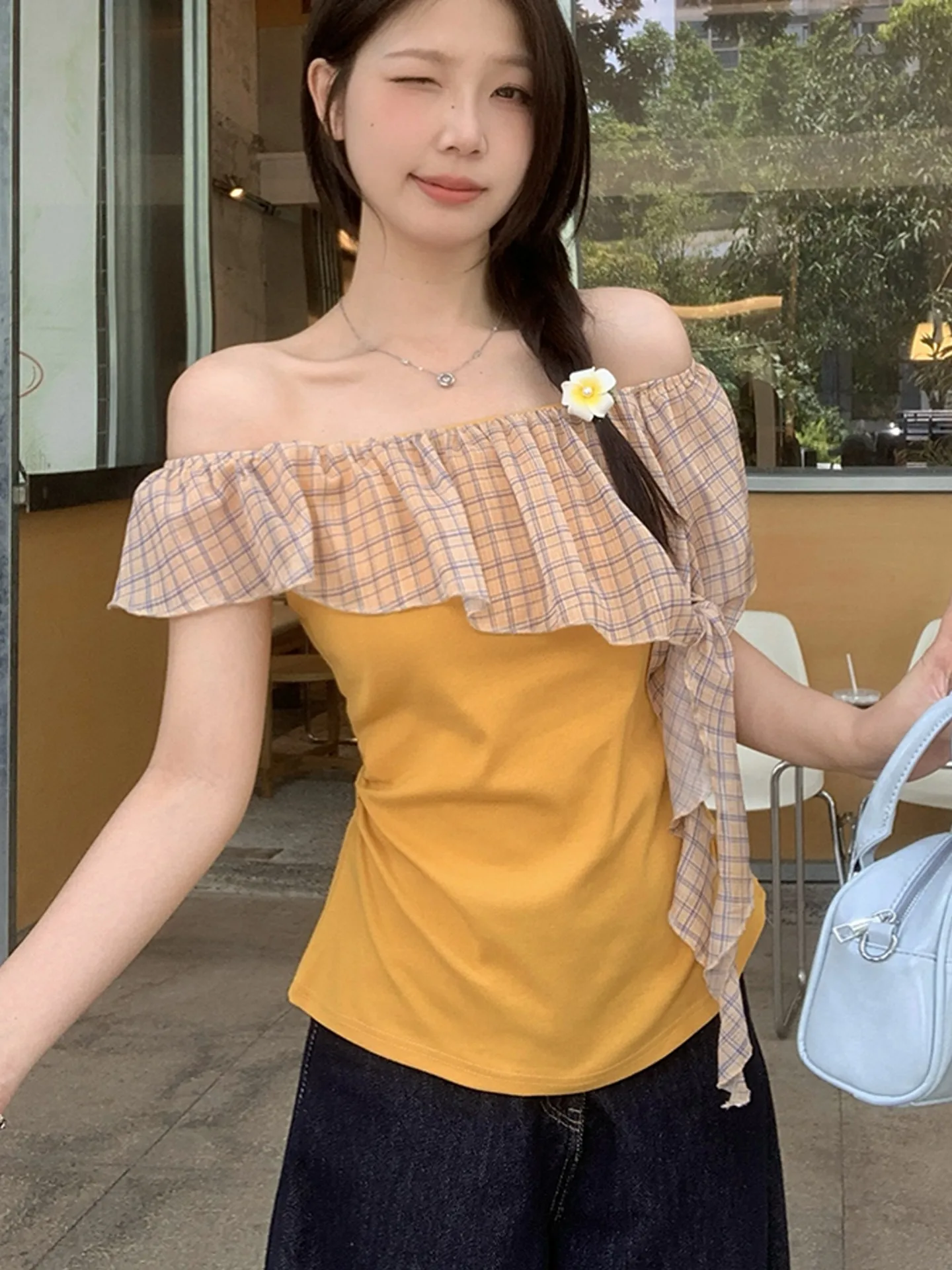 

Slim Fit Plaid Patchwork One oulder ort Sve T-irt Women's Summer New Sle Waist Cinched ort Length Top