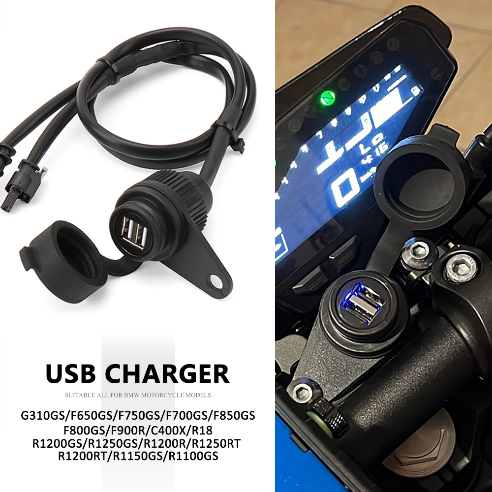 Motocicleta impermeável adaptador de carregador USB, porta dupla, carga rápida para BMW R1200GS, R1250GS, aventura, R1200R, R1250RT, R1200RT