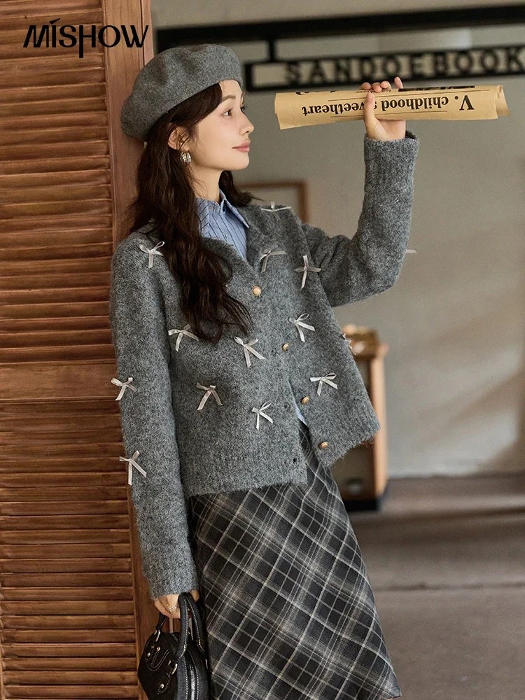 MISHOW Casual Bow Tie Sweter Kobiety 2024 Jesień Zima Moda Luźny Wszechstronny Tweed Szary Dzianinowy Kardigan Tops MXD46Z0864