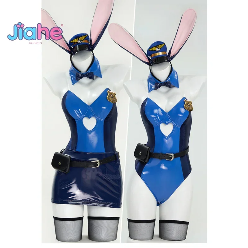 

Judy 2026 New Leather jumpsuit dress waist bag hat set Judy Hopps Cosplay Officer Bunny Costume Halloween women sexy uniform