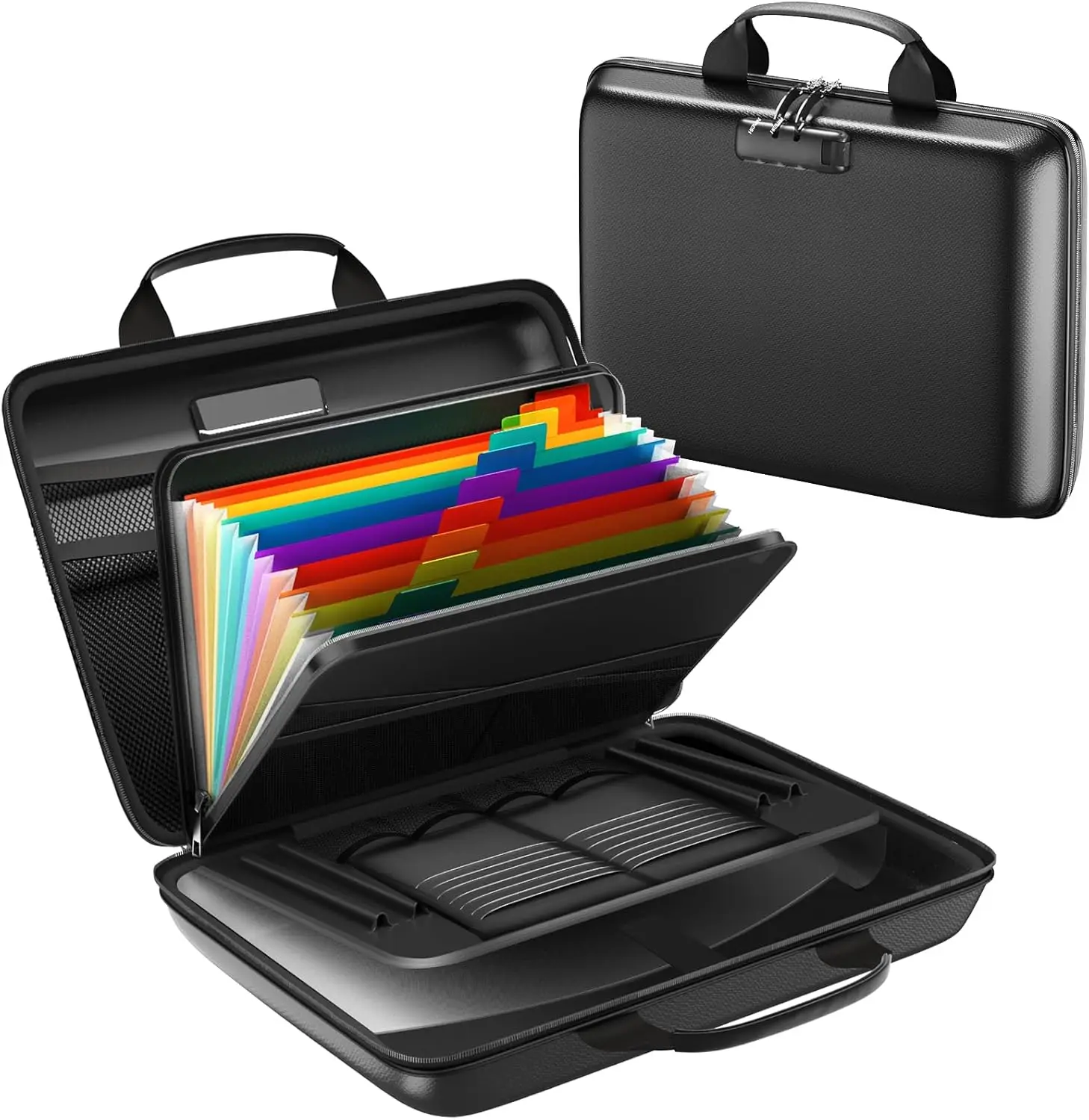 

Fireproof Document Box with Lock, 13-Pocket Organizer for Laptop & Files, Portable Safe for Home Office Travel