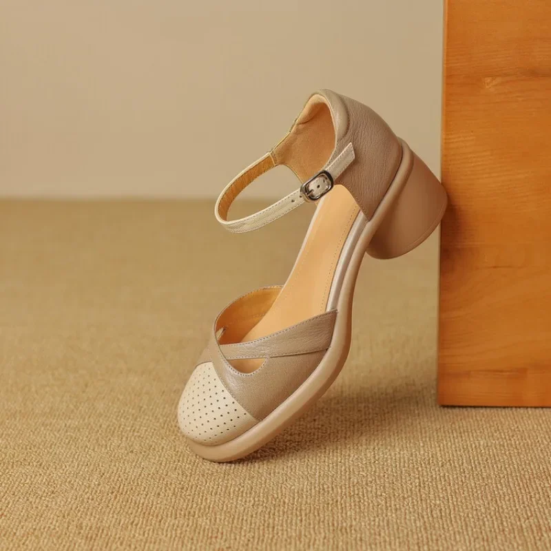 Round Heeled oco Design sandálias com cor bloqueio, elegante e respirável