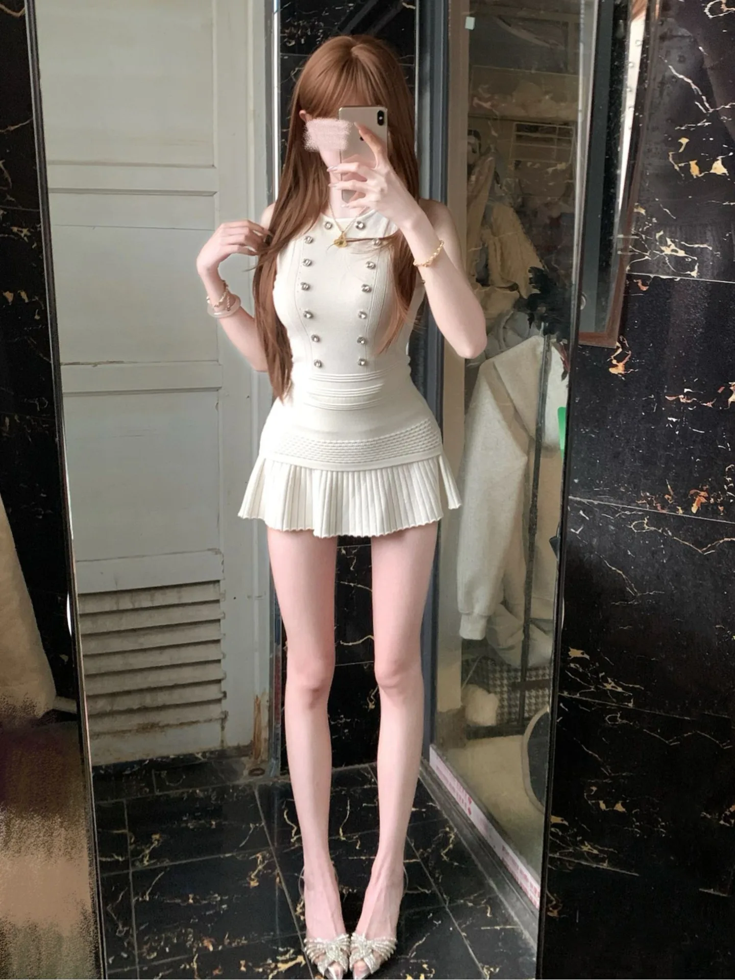 Sexy Slim Fit Vest Top Women's High Waist Pleated Short Skirt Sleeveless Button Knitted Set Comfortable Soft Retro Commute Style