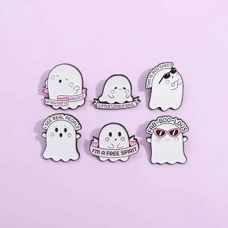Halloween Cute Ghost Enamel Pins LITTLE LONELY SOUL Brooches Lapel Badges Cartoon Funny Jewelry Gift for Kids Friends Wholesale