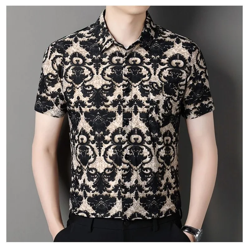 

Summer Shirt Men Clothing Short Sleeve Pocket Print Camisas De Hombre New Single Breasted Button Loose Casual Tops Male