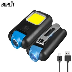 BORUiT Mini LED COB Keychain Flashlight TYPE-C Rechargeable Torch Portable Work Cap Light Tiki Fishing Camping Head Flashlight