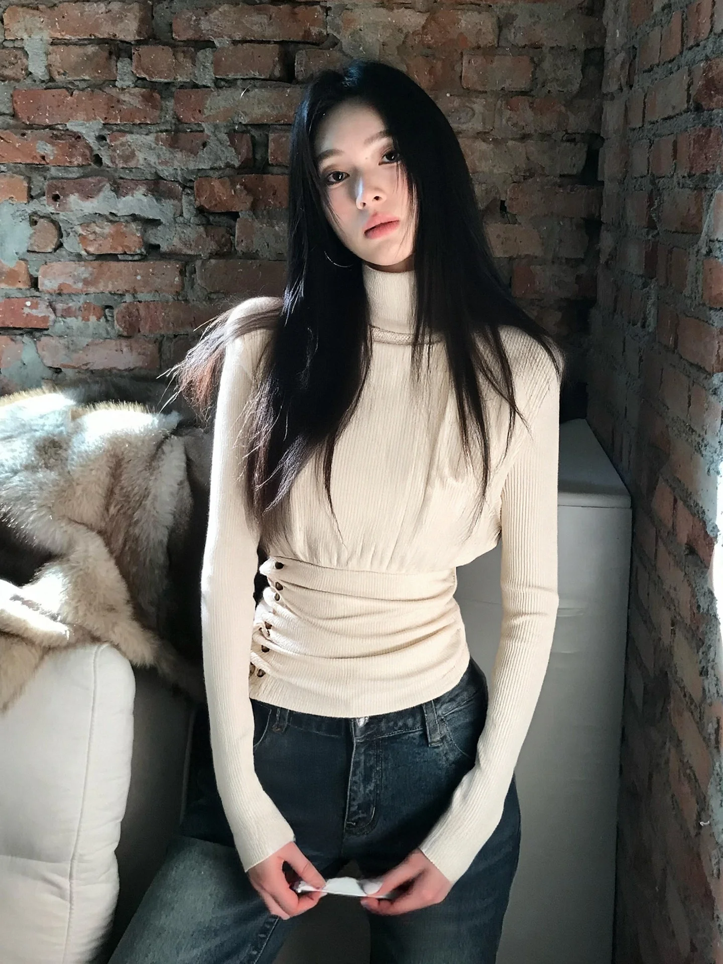 

Korean Style High Collar Long Sleeve Knitted Shirt Women Early Spring Wear Slim Fit Inner Shirt Design Sense Commute Wind