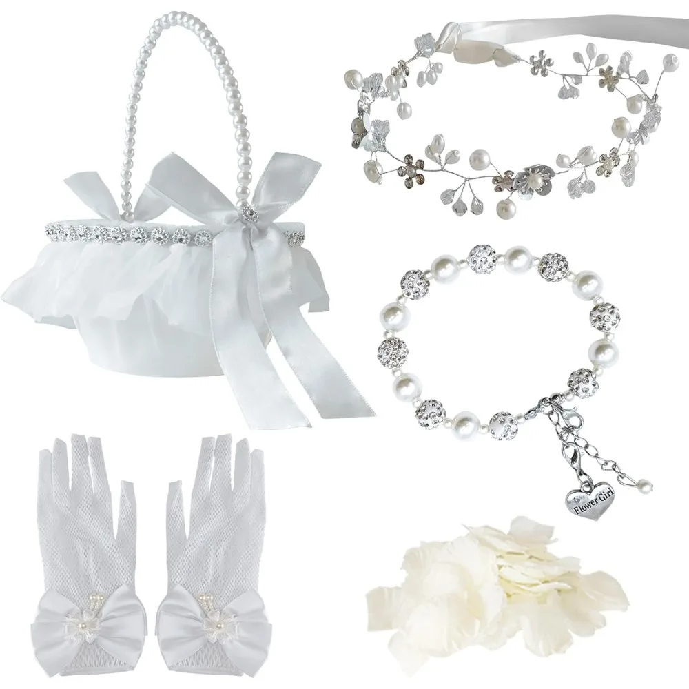 5-pcs-flower-girl-basket-wedding-set-flower-girl-jewellery-kit-accessories-with-headband-bracelet-gloves-basket-and-ivory-petal