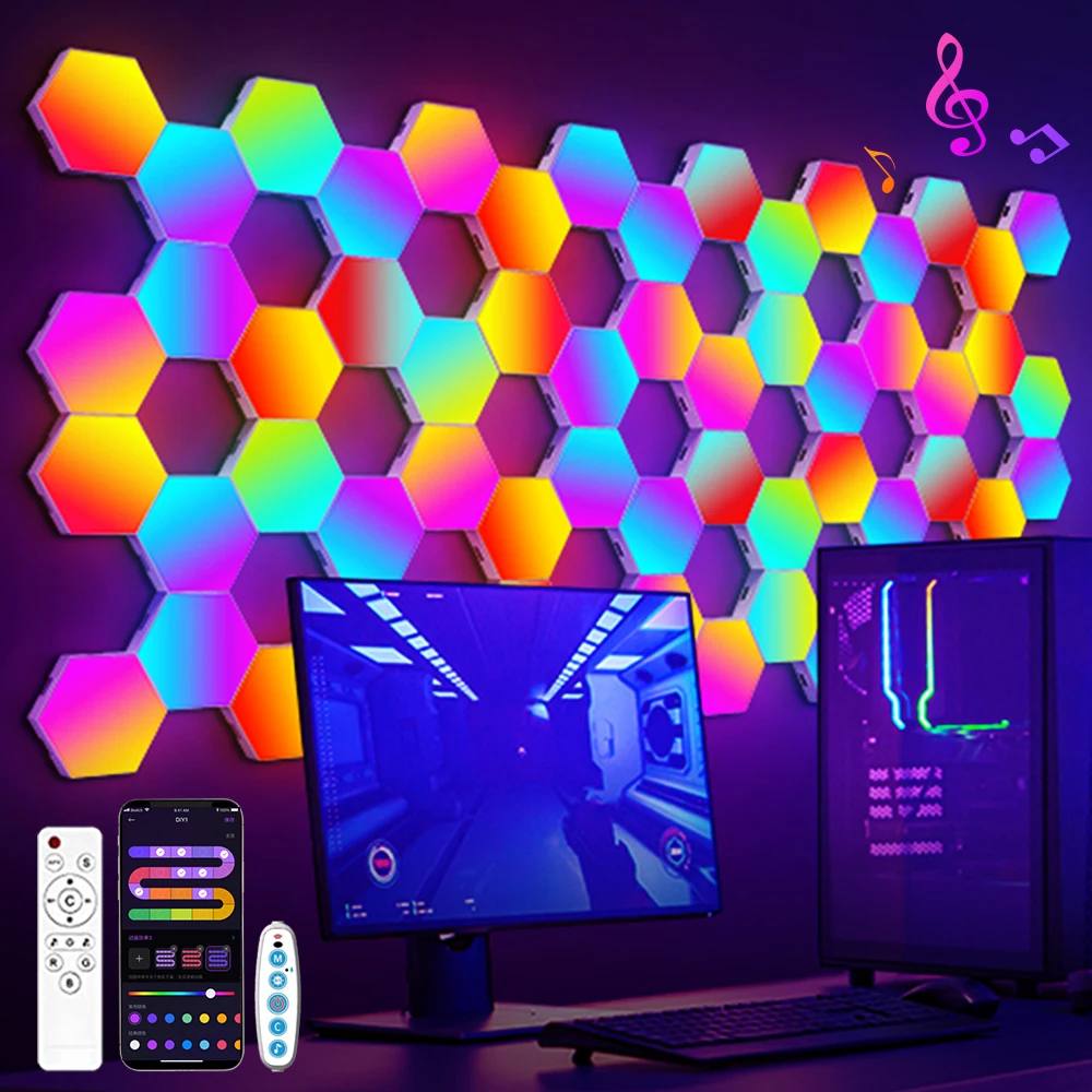 ZK30 RGB Smart Hexagonal Wall Lamp Color changing Ambient Night Light DIY Shape Music Rhythm APP Game Room Bedroom Intelligent