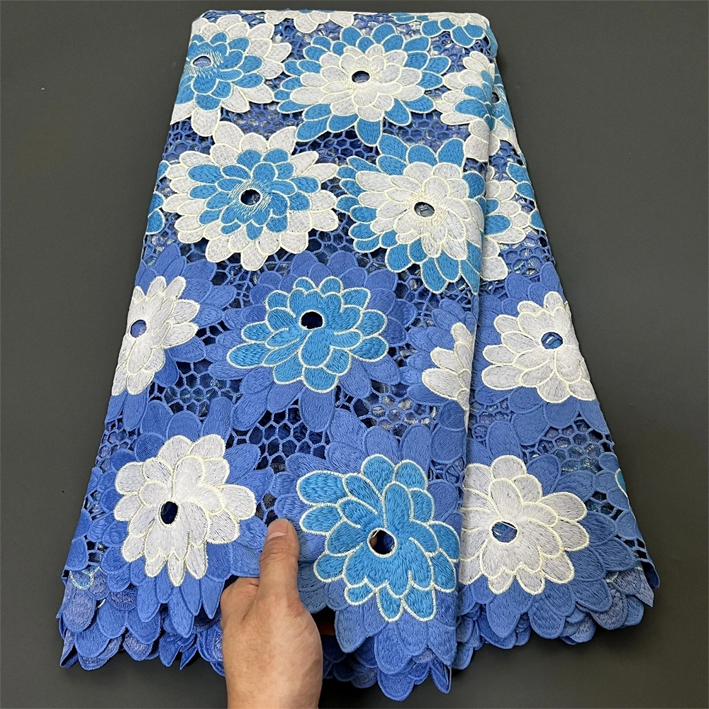 2024 High Quality African Nigerian Tulle Cotton Lace Fabric Wedding Party Dress Sequins For Sewing Water Soluble 5Yards YXZ085