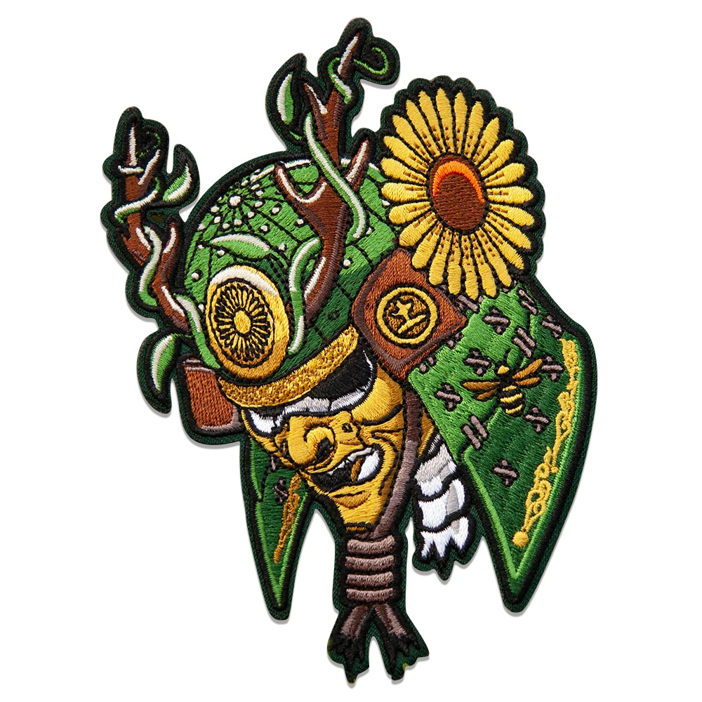 Gold Green Japan Samurai Skull Embroidered Patches Iron On For Clothing Punk Sunflower Helmet Applique Embroidery Badge Jacket