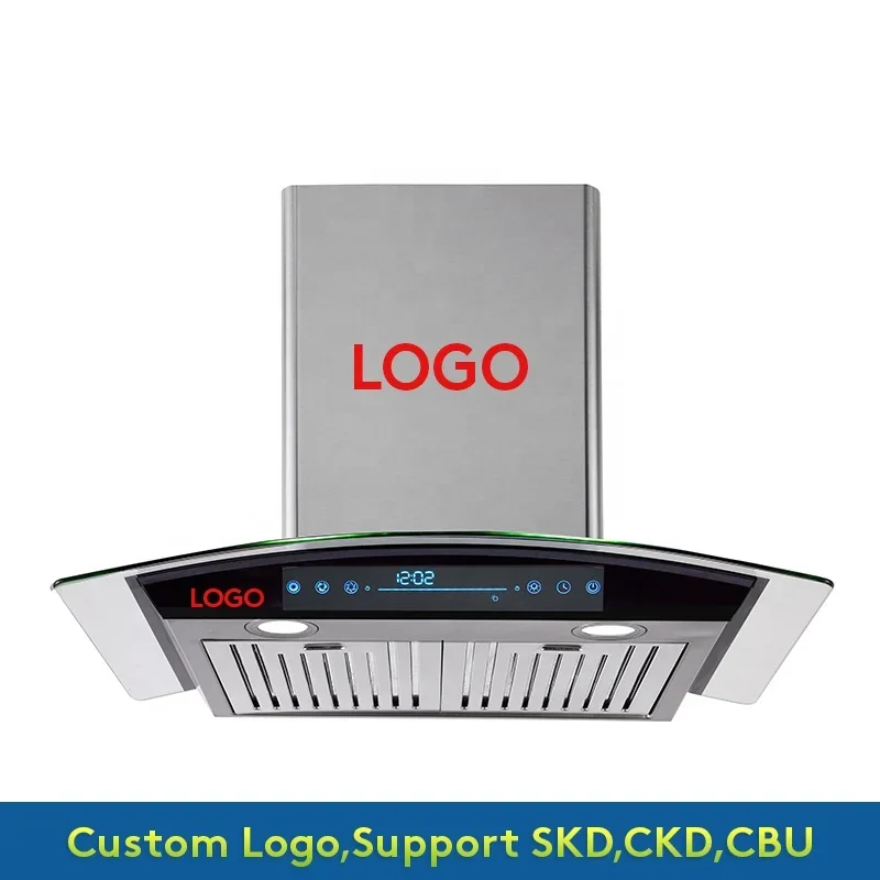 Custom 180W 600mm 700mm 800mm 900mm Wall Mounted  70cm Curved Glass Range Hood Cooker Hood  Kitchen hood