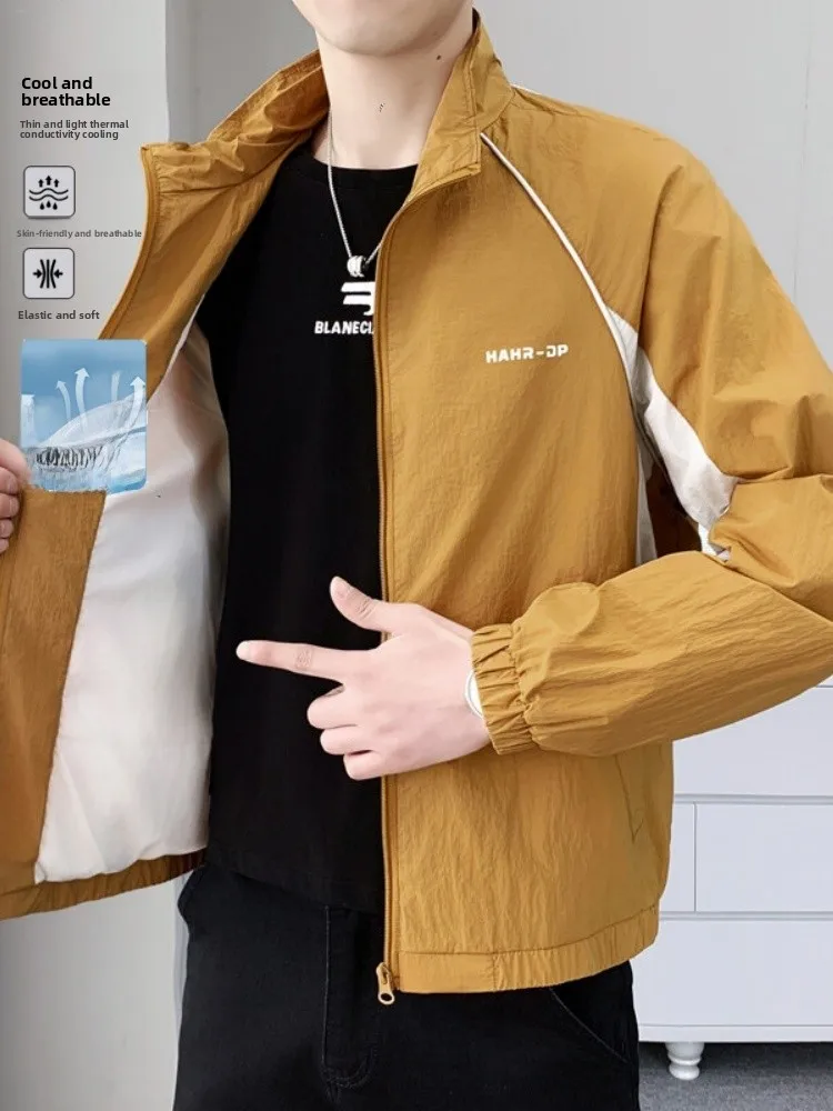 

New 2025 Men's Summer Thin Sun Protection Ice Silk Casual Elastic Busin Jaet Loose Fit Long Sve Zipper Closure Faio...