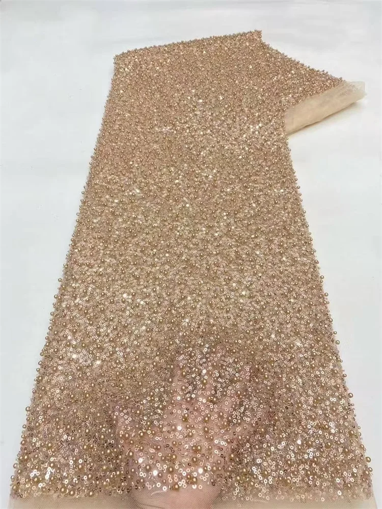 

New High Quality Tulle Gold Lace Fabric 2025 Elegant Sequins Beaded French Mesh Lace Fabric For Sewing Party Dress Fabric Hot