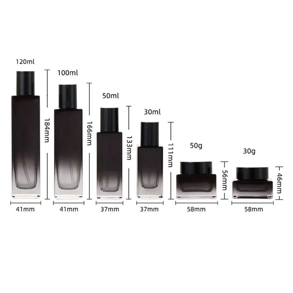 6 Stück schwarze Glasflaschen mit Farbverlauf und Pumpspender, nachfüllbare Behälter, leere Cremetiegel für Hautpflege, Lotion, Make-up-Aufbewahrung. – Detail 1