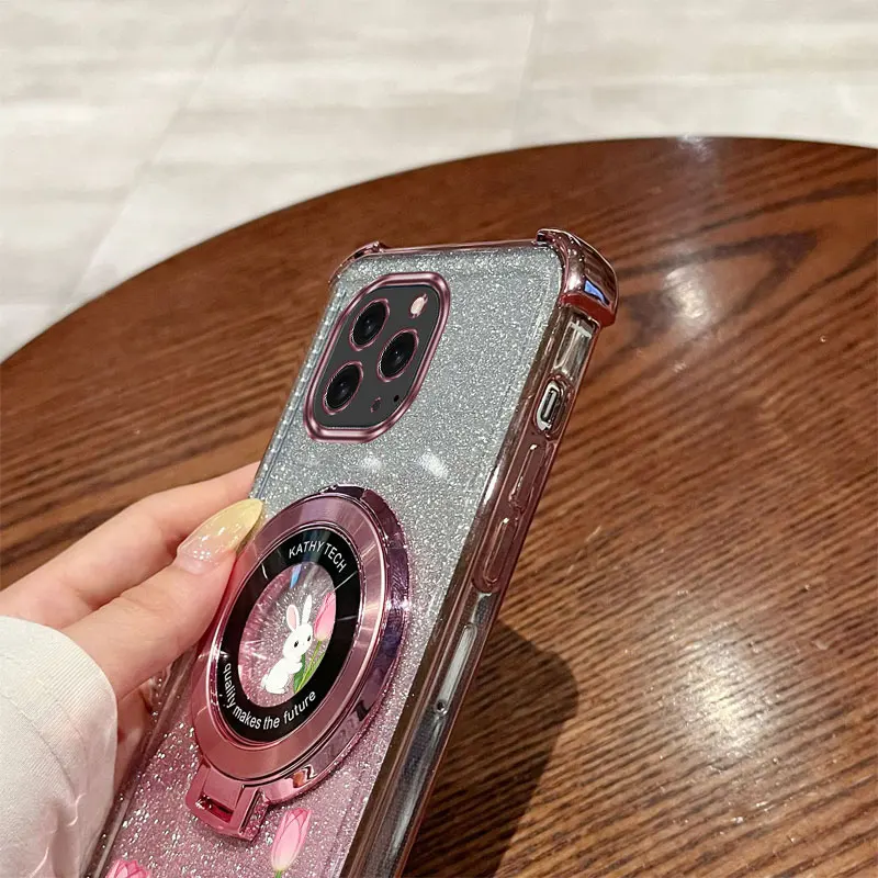 진주 스트랩 랜야드 반짝이는 장난스러운 토끼 폰 홀더 케이스 아이폰 16 15 14 13 12 11 Xs Pro Max Mini X XR Plus 16E 커버용