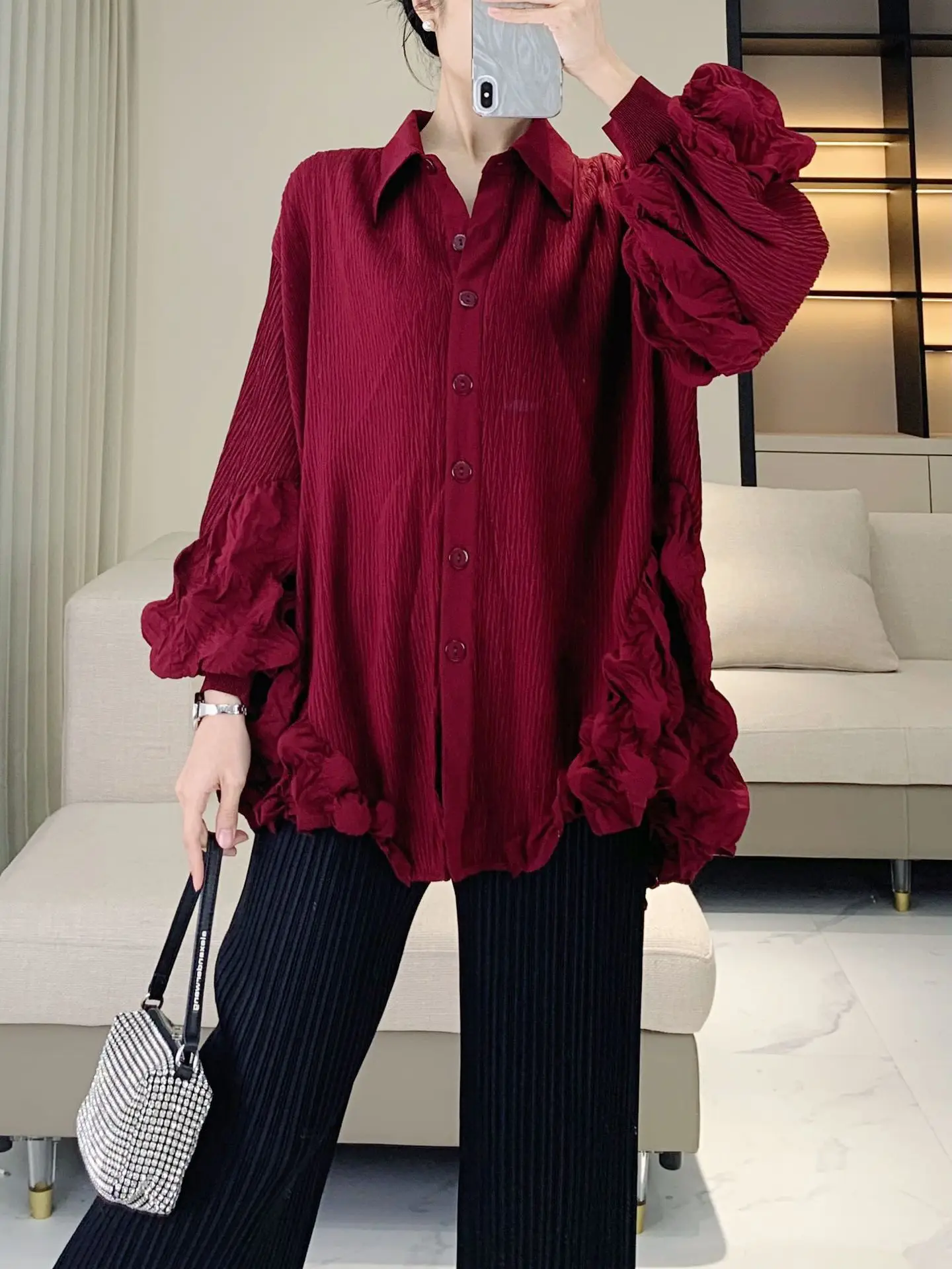 

Spring Summer 2026 Women's Loose Long Sve Bubble Pleat irt Casual Commute Sle Single Button Open Cardigan Outerwear