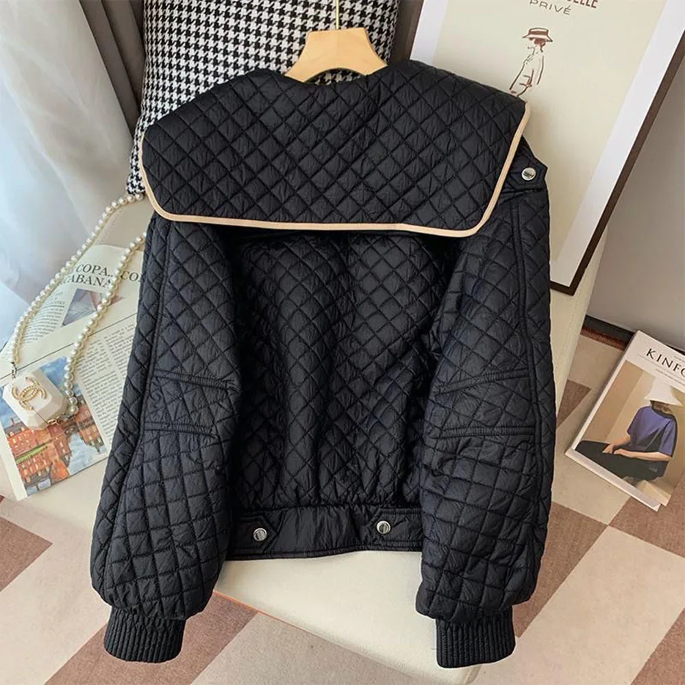 Winter Cotton Padded Jacket Woman Sweet Sailor Collar Coat Fashion Long Sleeve Lightweight Overcoat Female Vintage Plaid Outwear