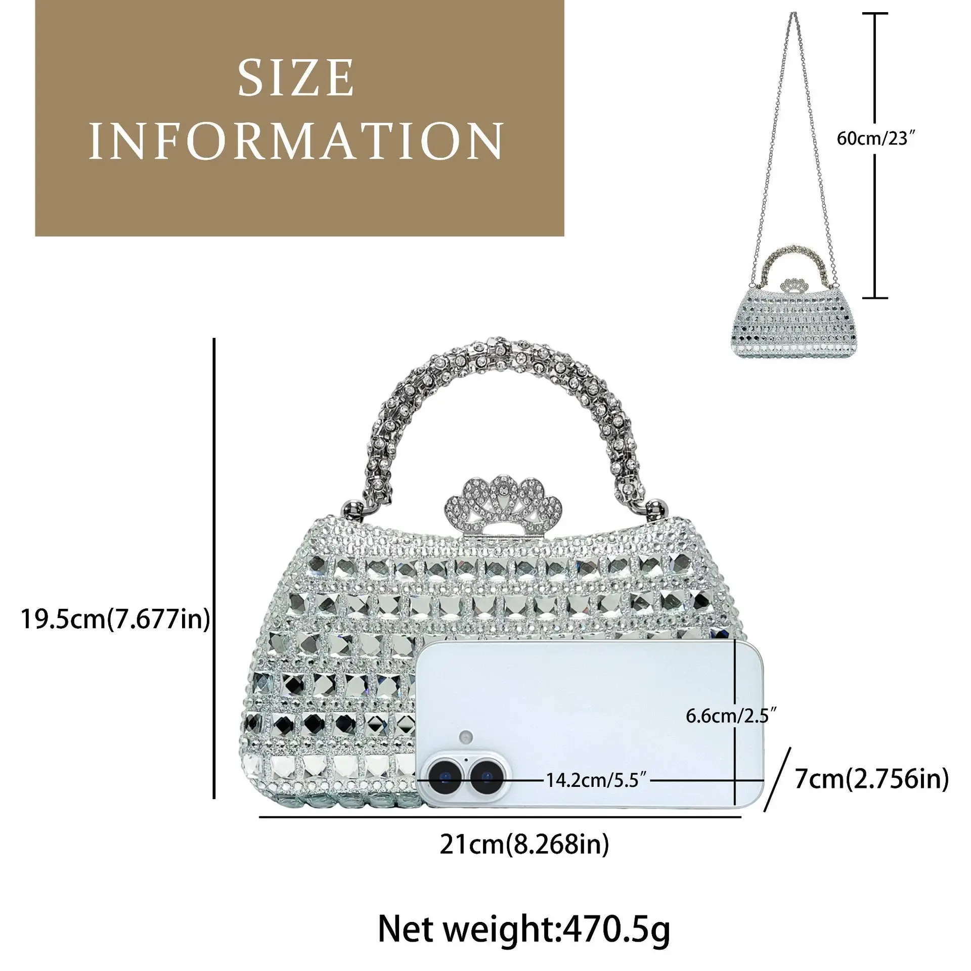 Silver Grid Rhinestone Crown Clasp Ring Handle Clutch Women Fashion Runway Wedding Evening Bag Light Luxury Style Evening Clutch
