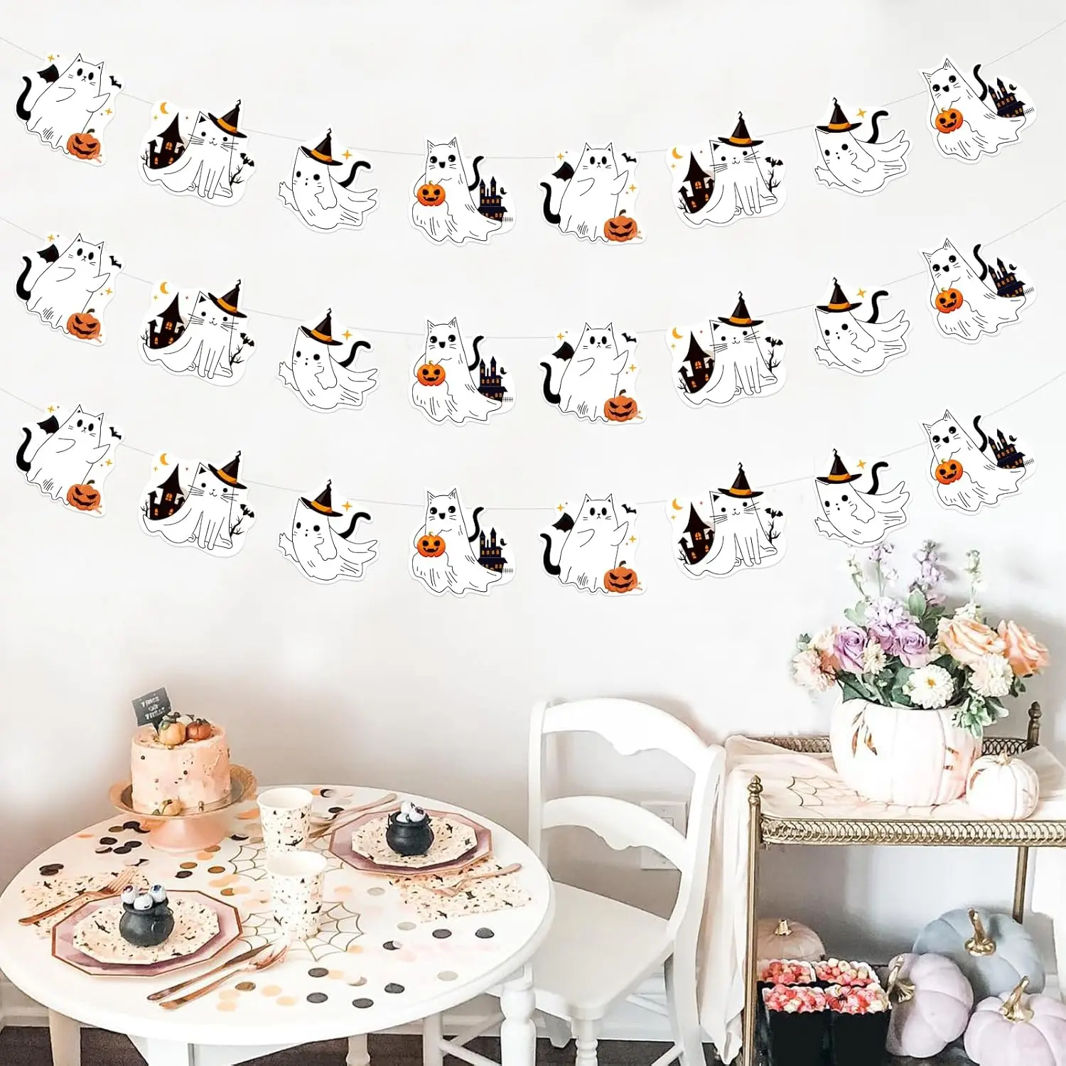 Decoração guirlanda para o dia das bruxas, decoração do partido, chá de bebê, gato, fantasma, festa de aniversário, 3pcs