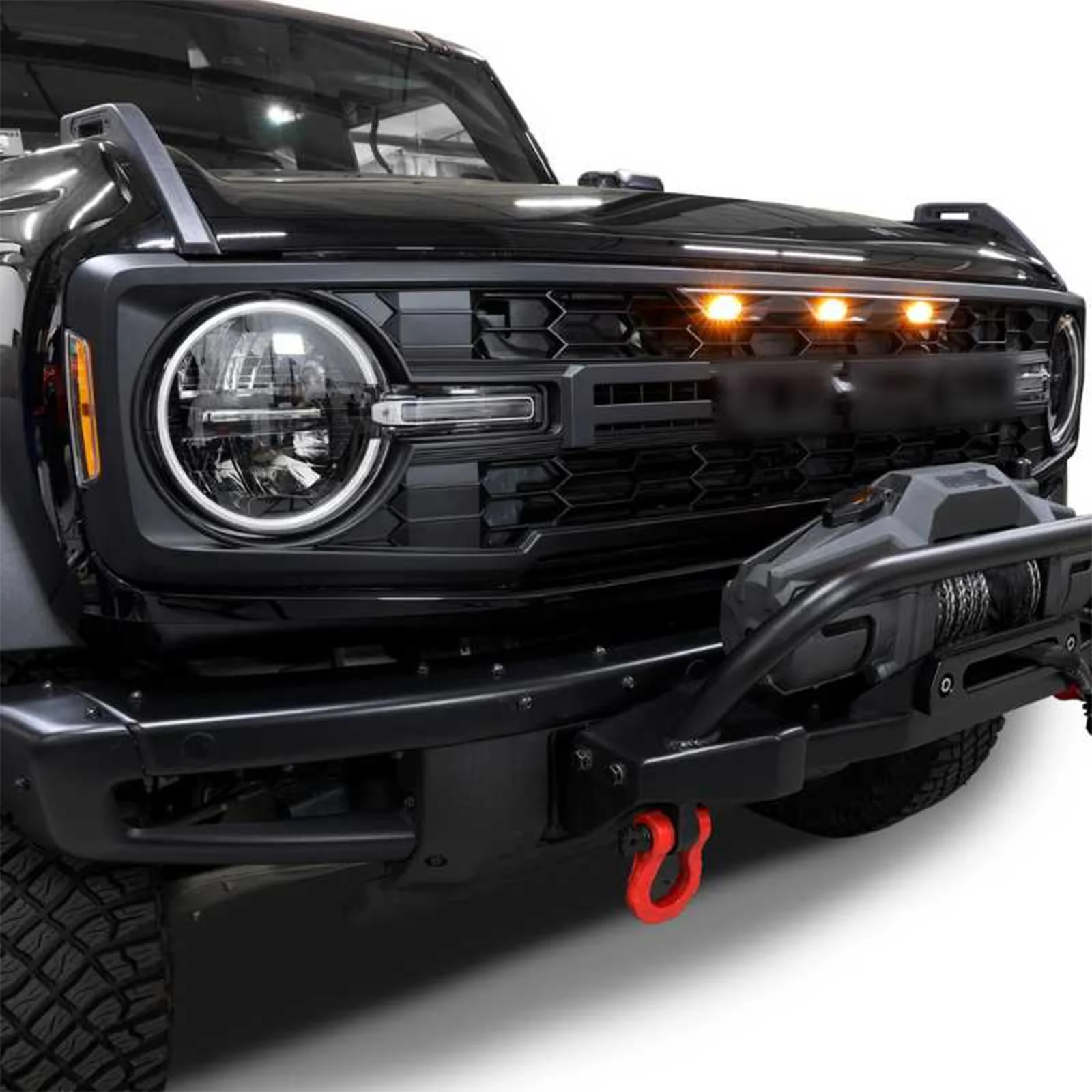 For Ford Bronco 2021-2023 Car Front Upper Bumper Mesh Grille Grill Raptor Style With Raptor Lights Amber LED Glossy/Matte Black