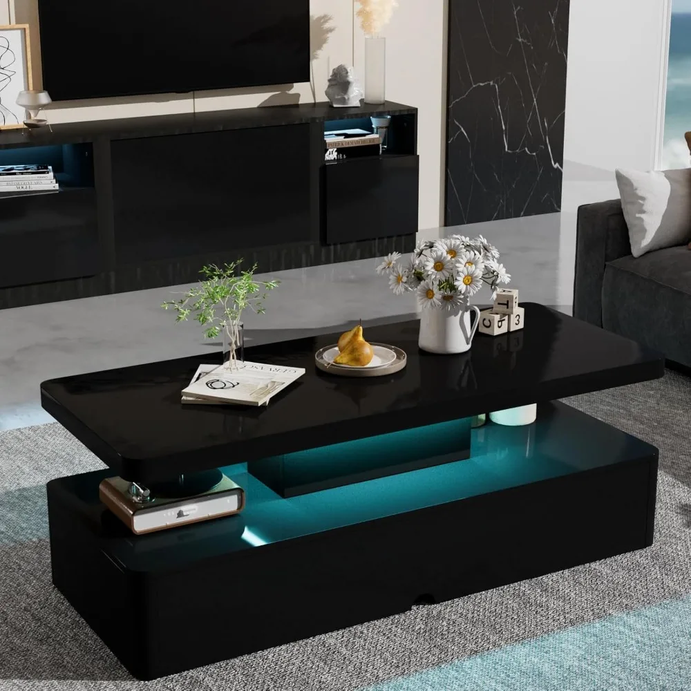 Elegante mesa de centro con luces LED cambiables de 16 colores y gran espacio de almacenamiento, diseño de doble capa para sala de estar, negro