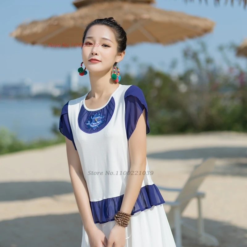 2025 chinese traditional t-shirt national flower embroidery o-neck chiffon shirt retro vintage base shirt improved hanfu tops