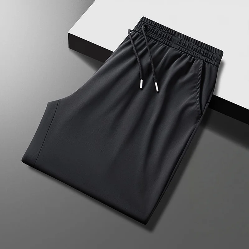 

2026 Summer Men's Thin Ice Silk Casual Pants Loose Fit Plus Size Quick-Dry Elastic Joggers 9/4 Length Tapered Ankle Sweatpants