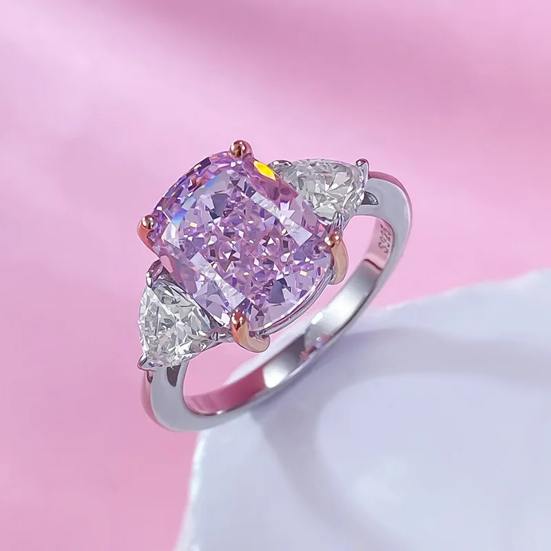 Jewelry S925 Silver Imported High Carbon Diamond Ring Set with 8 * 10mm Pink Diamond Fashion OL Ring