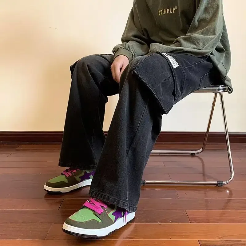 

With Pockets Jeans for Men Y2k Vintage 90s Streetwear Stylish Korean Fashion Japanese Street Style Regular Goth Man Cowboy Pants