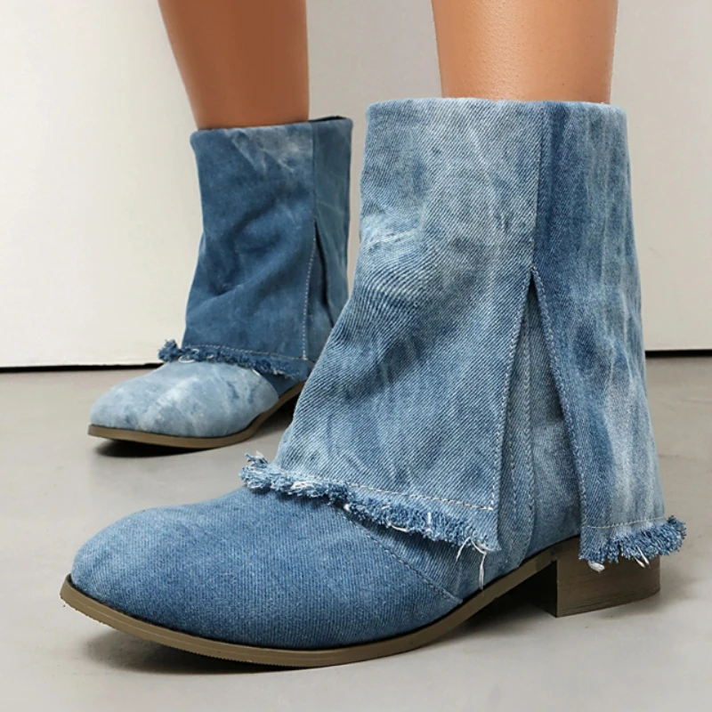 

Большой размер 48, женские ботильоны, зимне-осенняя обувь, 2025 г., черные, синие джинсы, короткие ботинки, обувь с перевернутым краем, женская обувь