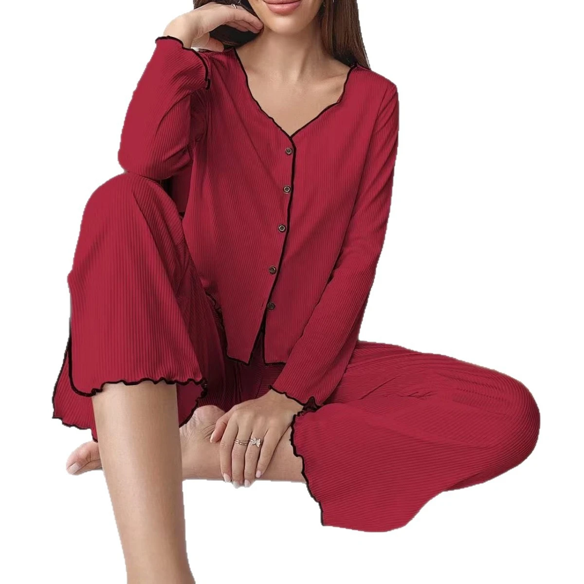 Europe Hot-selling Women's Pajamas Set Autumn And Winter Pit Strip Cardigan Long-sleeved Trousers Loungewear Set