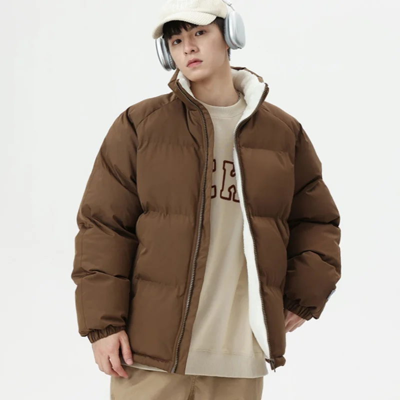 Winter Men's Lamb Fleece Jacket Loose Thick Plus Size Padded Coat Solid Color Fashion Stand Collar Fleece Warm Wadded Jacket