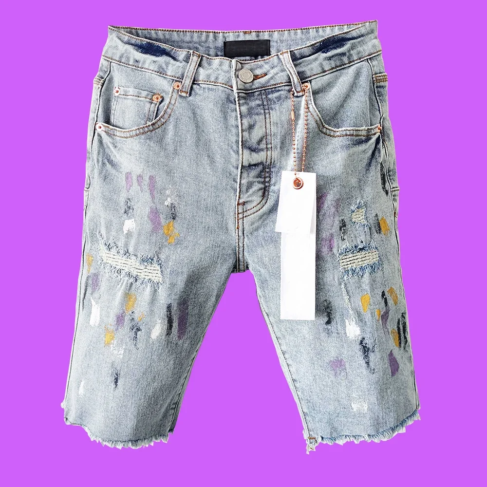 

Purple roca jeans brand men's street trend men's black edge splash-ink paint men's slim ripped patch denim shorts