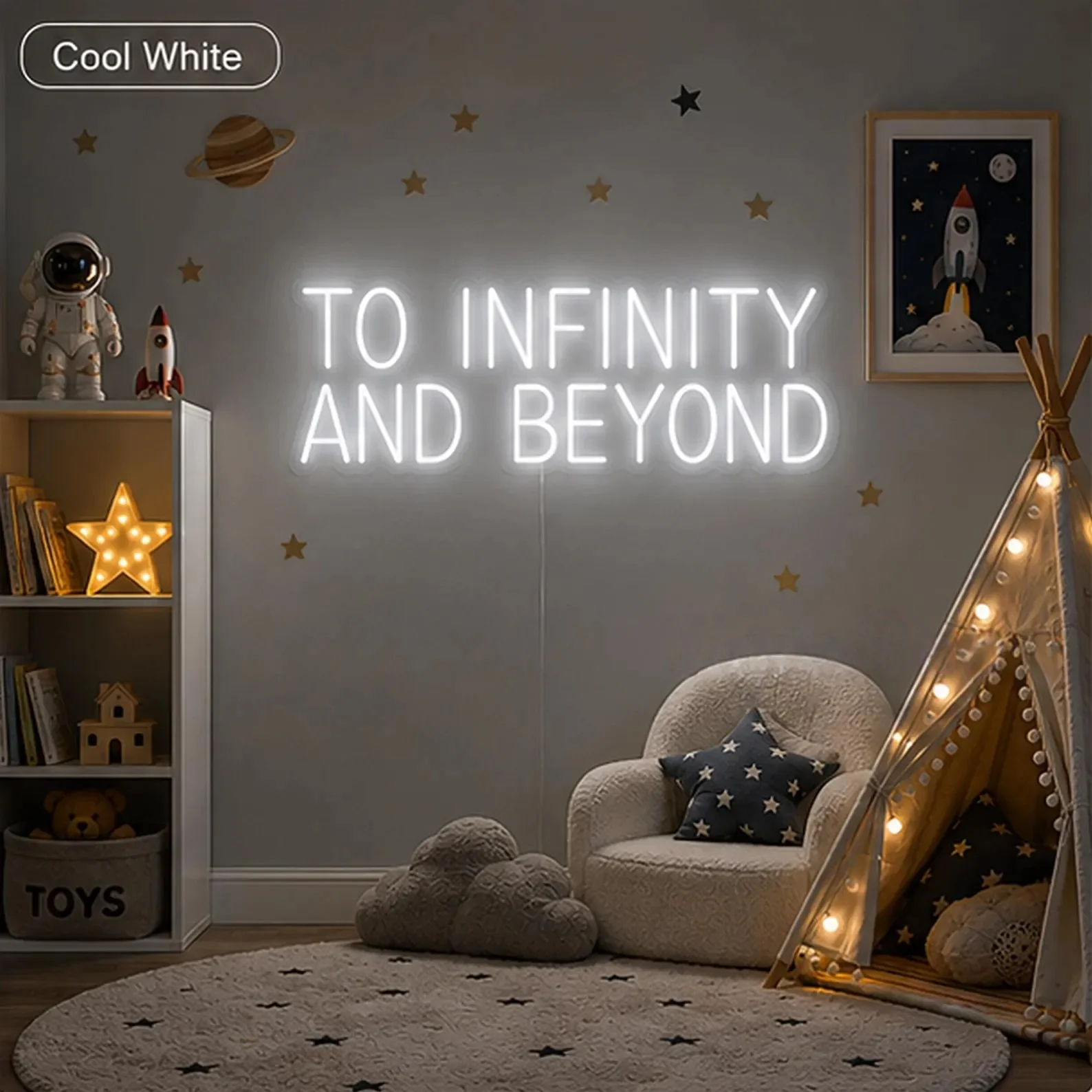 To Infinity And Beyond Neon Sign, Kids Room Decor, Playroom Bedroom LED Light, Space Nursery Wall Inspirational Saying Decor