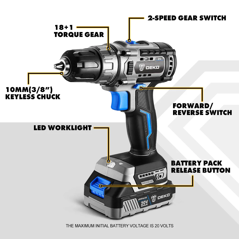 DEKO 20V Brushless Cordless Drill Combo Kit Mini Electric Screwdriver 2 Speed Power Tools for Woodworking