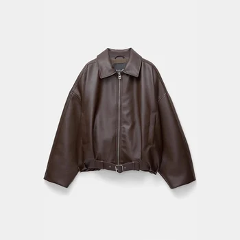 Fashion Leather Jacket Women's Vintage Faux Leather Bomber Jacket Solid Zipper Lapel Long Sleeves Autumn Retro High Street Coat 7