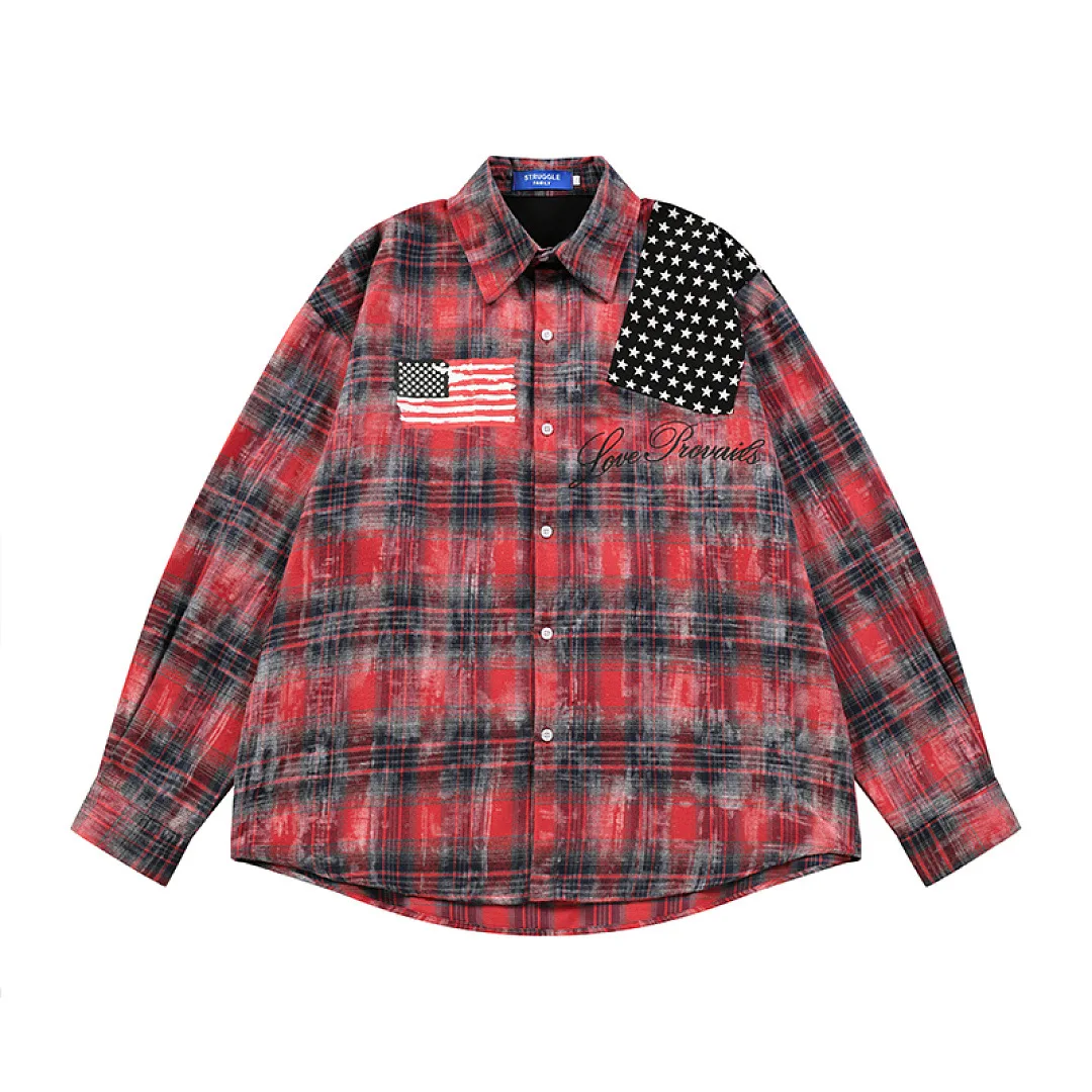 Men's High Street Oversized Hip Hop Plaid Shirts With Patchwork  Loose Fit Y2K Shirts For Male Streetwear Long Sleeve Tops